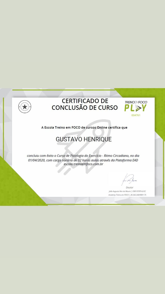Certificado: Fisiologia do Exercício — Ritmo Circadiano