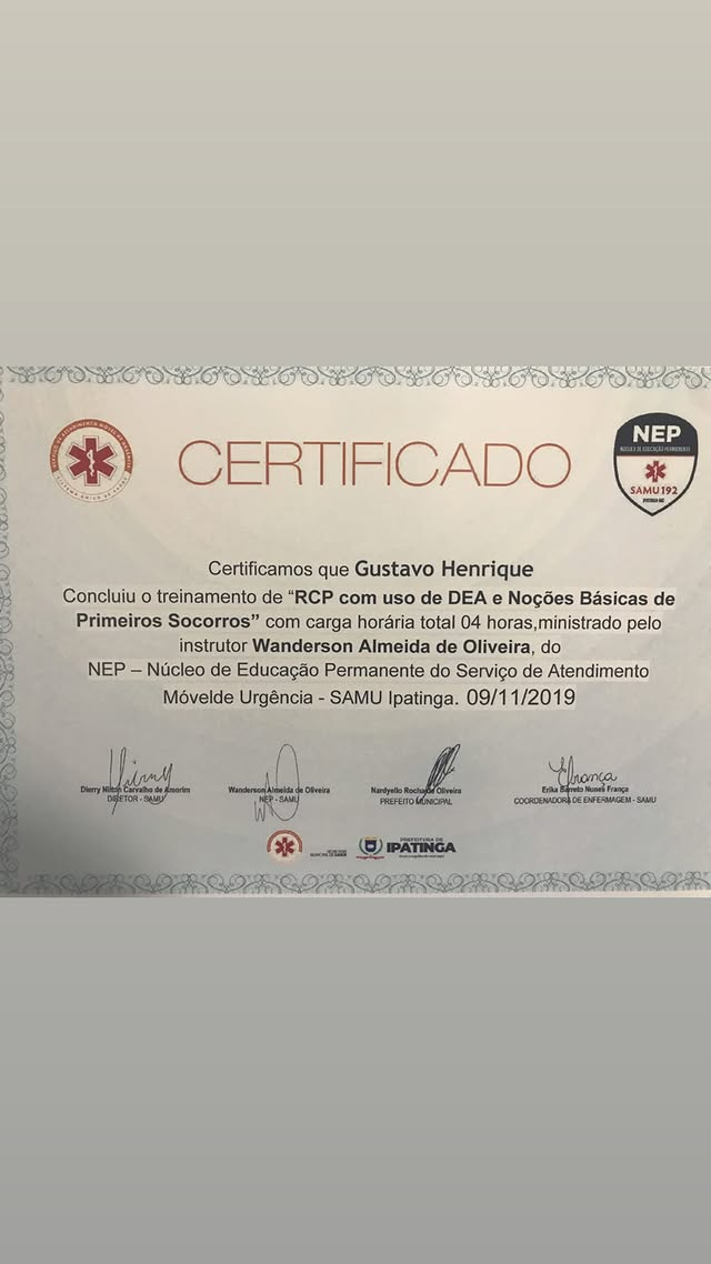 Certificado: RCP com uso de DEA e Primeiros Socorros